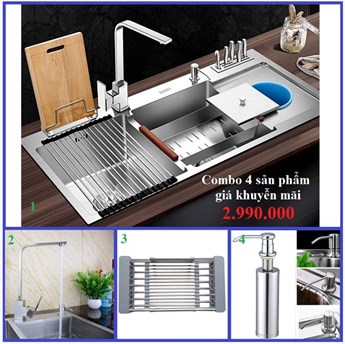 Combo chậu rửa chén + vòi nóng lạnh+ rổ + bình xà phòng Combo chậu rửa chén + vòi nóng lạnh+ rổ + bình xà phòng